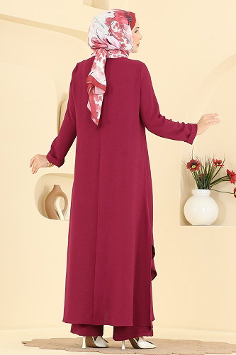 moda selvim Yanları Yırtmaçlı 2 li Takım 2907SLK540 Vişne - Thumbnail