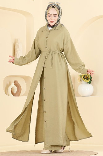 moda selvim Yanları Yırtmaçlı Modal 2 li Takım 027ZMRK1203 Çağla - Thumbnail