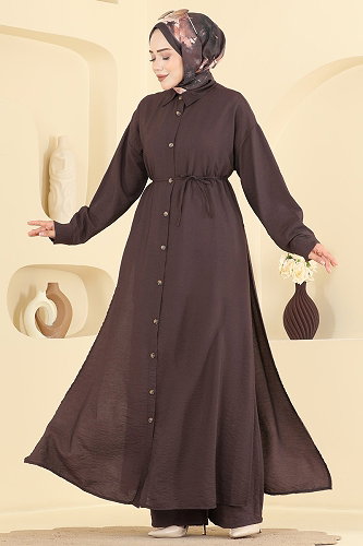 moda selvim Yanları Yırtmaçlı Modal 2 li Takım 027ZMRK1203 Kahve - Thumbnail