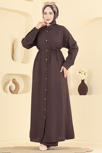 moda selvim Yanları Yırtmaçlı Modal 2 li Takım 027ZMRK1203 Kahve - Thumbnail