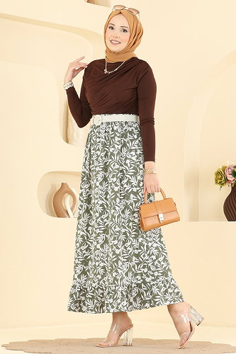 moda selvim Yaprak Desen Jesika Etek 132NZRK1200 Haki - Thumbnail