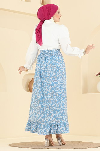 moda selvim Yaprak Desen Jesika Etek 132NZRK1200 Mavi - Thumbnail