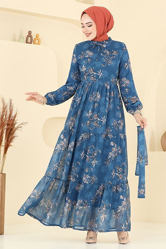 moda selvim Yaprak Desen Şifon Elbise 5205AL357 İndigo - Thumbnail