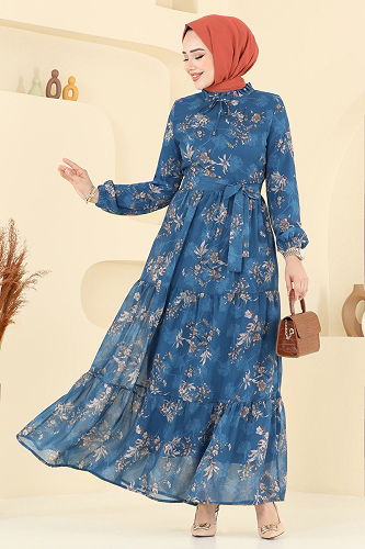 moda selvim Yaprak Desen Şifon Elbise 5205AL357 İndigo - Thumbnail