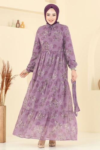 moda selvim Yaprak Desen Şifon Elbise 5205AL357 Koyu Lila - Thumbnail