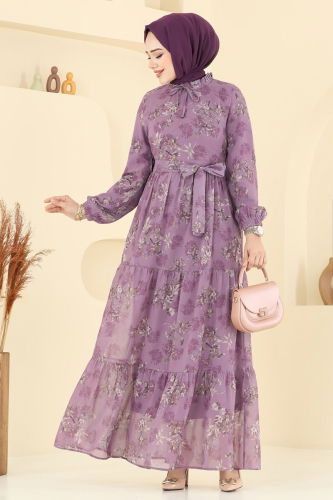 moda selvim Yaprak Desen Şifon Elbise 5205AL357 Koyu Lila - Thumbnail