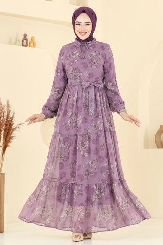 moda selvim Yaprak Desen Şifon Elbise 5205AL357 Koyu Lila - Thumbnail