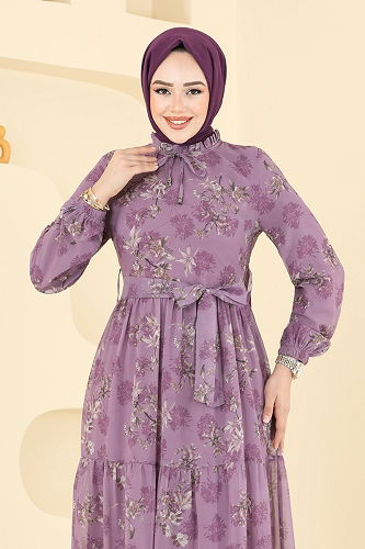 moda selvim Yaprak Desen Şifon Elbise 5205AL357 Koyu Lila - Thumbnail