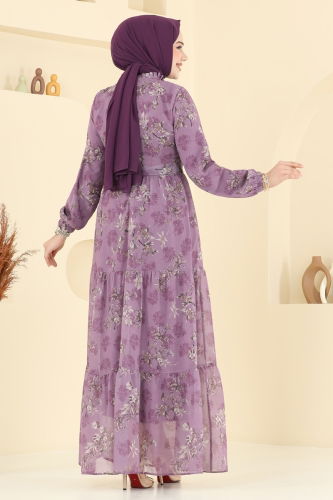 moda selvim Yaprak Desen Şifon Elbise 5205AL357 Koyu Lila - Thumbnail