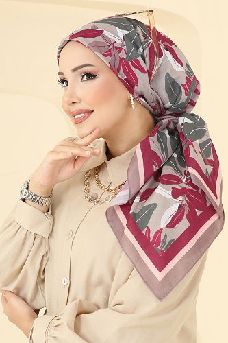 moda selvim Yaprak Desen Soft Eşarp Serisi 504ERB1087 Haki&Bordo - Thumbnail