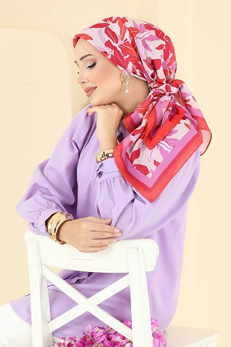 moda selvim Yaprak Desen Soft Eşarp Serisi 504ERB1087 Nar Çiçeği - Thumbnail