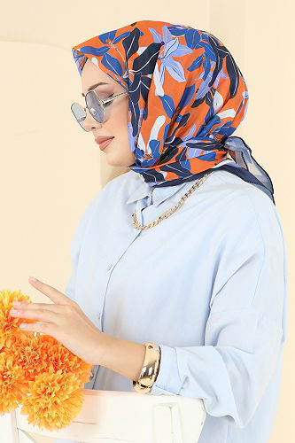 moda selvim Yaprak Desen Soft Eşarp Serisi 504ERB1087 Oranj - Thumbnail