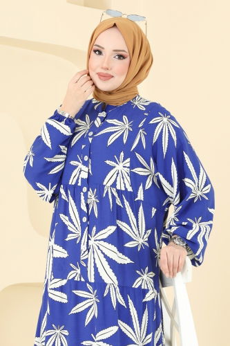 moda selvim Yaprak Desen Viskon Elbise 840OZN1046 Saks - Thumbnail
