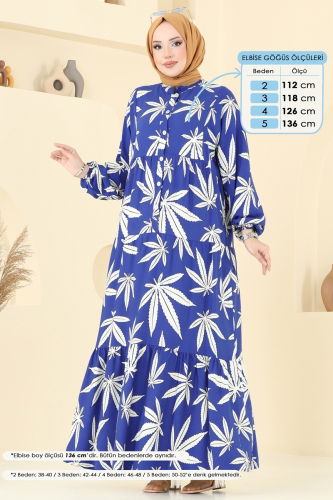 moda selvim Yaprak Desen Viskon Elbise 840OZN1046 Saks - Thumbnail