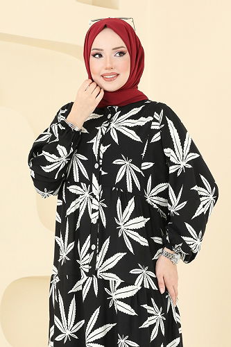 moda selvim Yaprak Desen Viskon Elbise 840OZN1046 Siyah - Thumbnail
