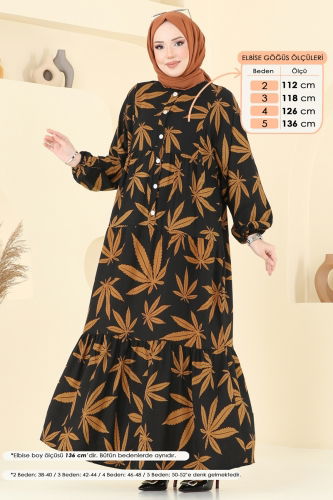 moda selvim Yaprak Desen Viskon Elbise 840OZN1046 Taba&Siyah - Thumbnail
