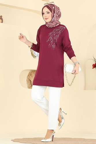 moda selvim Yaprak Desenli İki İp Tunik 304OZN1046 Açık Bordo - Thumbnail