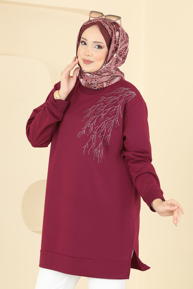 Yaprak Desenli İki İp Tunik 304OZN1046 Açık Bordo