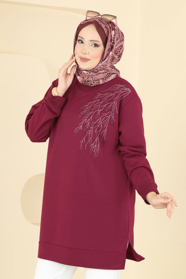 Modaselvim Tunik Yaprak Desenli İki İp Tunik 304OZN1046 Açık Bordo
