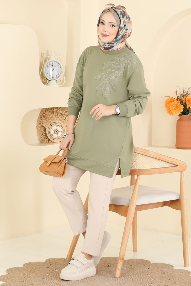 Yaprak Desenli İki İp Tunik 304OZN1046 Haki