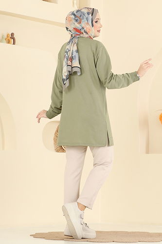 moda selvim Yaprak Desenli İki İp Tunik 304OZN1046 Haki - Thumbnail