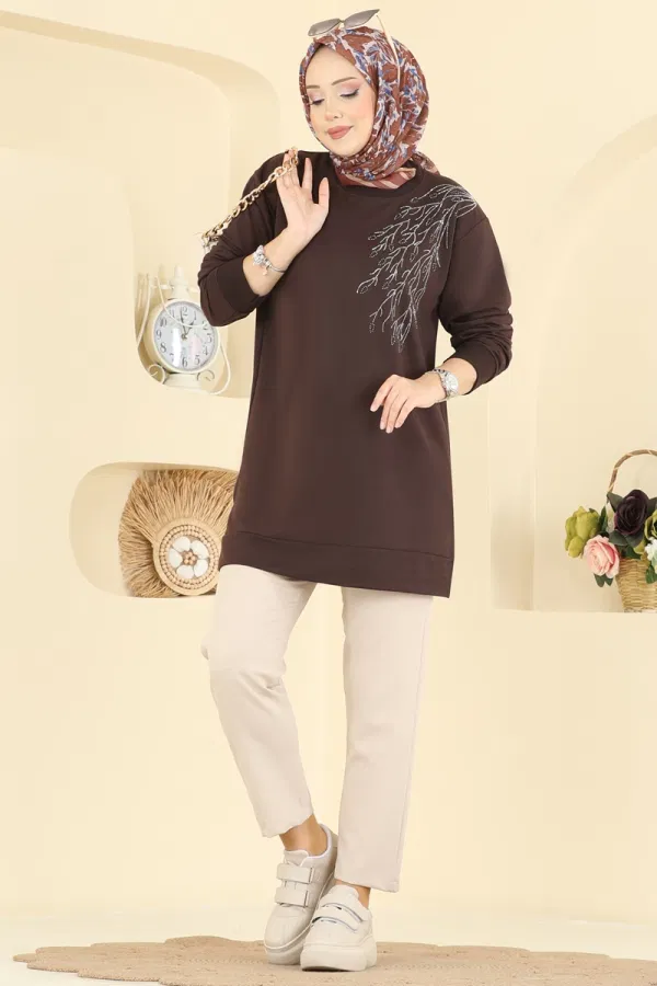 Modaselvim Tunik Yaprak Desenli İki İp Tunik 304OZN1046 Kahve