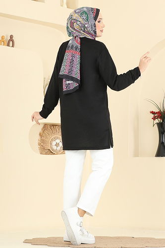 moda selvim Yaprak Desenli İki İp Tunik 304OZN1046 Siyah - Thumbnail