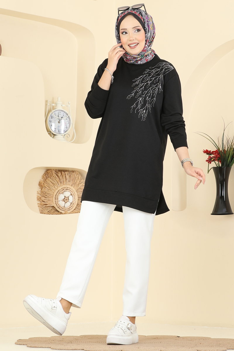 Yaprak Desenli İki İp Tunik 304OZN1046 Siyah