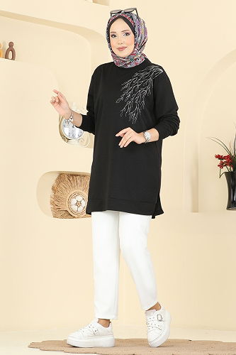 moda selvim Yaprak Desenli İki İp Tunik 304OZN1046 Siyah - Thumbnail