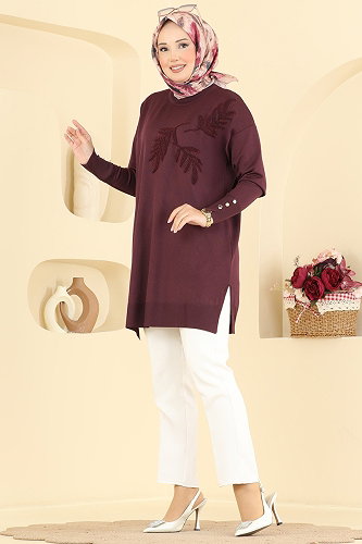moda selvim Yaprak Desenli Merserize Tunik 3385NVX1208 Mürdüm - Thumbnail