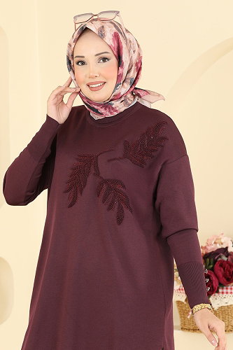 moda selvim Yaprak Desenli Merserize Tunik 3385NVX1208 Mürdüm - Thumbnail