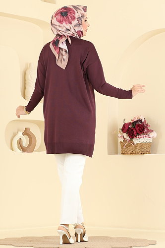moda selvim Yaprak Desenli Merserize Tunik 3385NVX1208 Mürdüm - Thumbnail