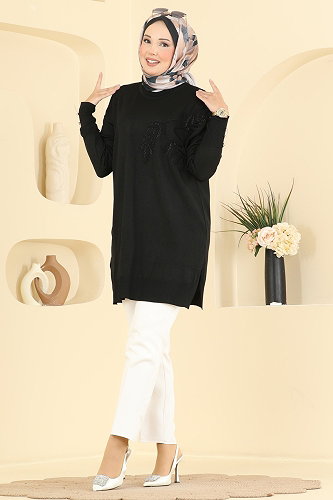 moda selvim Yaprak Desenli Merserize Tunik 3385NVX1208 Siyah - Thumbnail