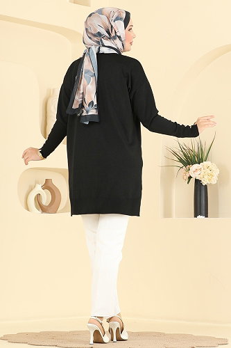 moda selvim Yaprak Desenli Merserize Tunik 3385NVX1208 Siyah - Thumbnail