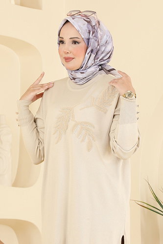 moda selvim Yaprak Desenli Merserize Tunik 3385NVX1208 Taş - Thumbnail