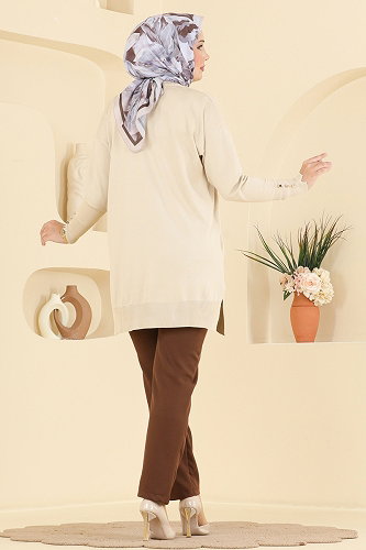 moda selvim Yaprak Desenli Merserize Tunik 3385NVX1208 Taş - Thumbnail