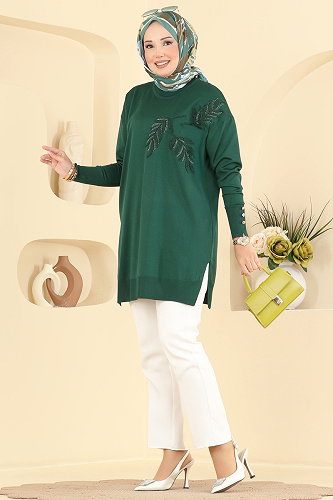 moda selvim Yaprak Desenli Merserize Tunik 3385NVX1208 Zümrüt - Thumbnail