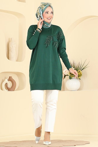 moda selvim Yaprak Desenli Merserize Tunik 3385NVX1208 Zümrüt - Thumbnail