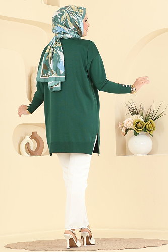 moda selvim Yaprak Desenli Merserize Tunik 3385NVX1208 Zümrüt - Thumbnail