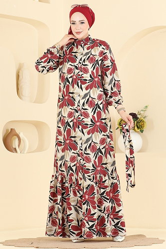 moda selvim Yaprak Desenli Modal Elbise 159NZRK1200 Bordo - Thumbnail
