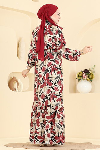 moda selvim Yaprak Desenli Modal Elbise 159NZRK1200 Bordo - Thumbnail