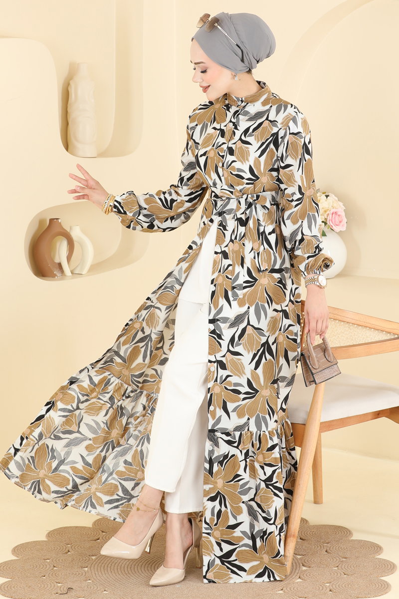 Yaprak Desenli Modal Elbise 159NZRK1200 Kahve - Moda Selvim