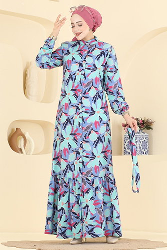 moda selvim Yaprak Desenli Modal Elbise 159NZRK1200 Lila - Thumbnail