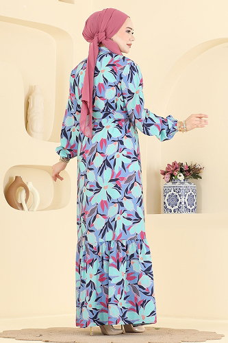 moda selvim Yaprak Desenli Modal Elbise 159NZRK1200 Lila - Thumbnail