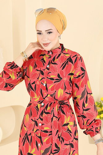 moda selvim Yaprak Desenli Modal Elbise 159NZRK1200 Nar Çiçeği - Thumbnail