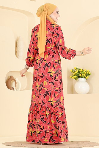 moda selvim Yaprak Desenli Modal Elbise 159NZRK1200 Nar Çiçeği - Thumbnail