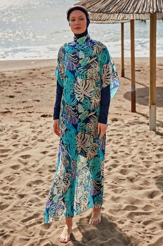 moda selvim Yaprak Desenli Pareo 2418MRNK1139 Mint - Thumbnail