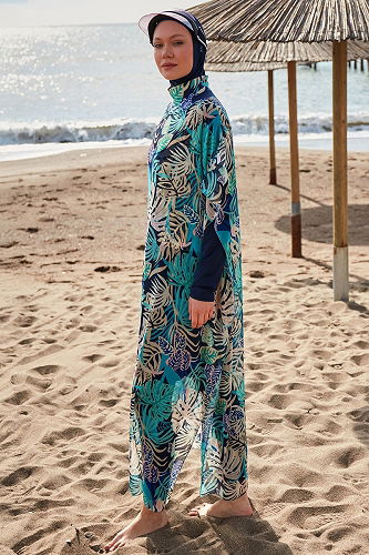 moda selvim Yaprak Desenli Pareo 2418MRNK1139 Mint - Thumbnail