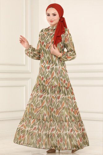 moda selvim Yaprak Desenli Şifon Elbise 81840BRNKO395 Haki - Thumbnail
