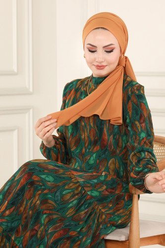 moda selvim Yaprak Desenli Şifon Elbise 81840BRNKO395 Zümrüt - Thumbnail